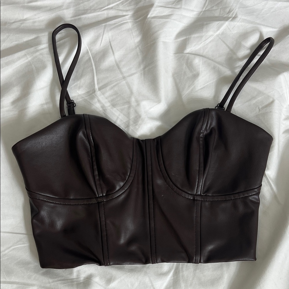 Dark Brown Faux Leather Bustier Top